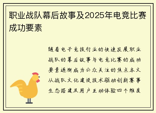 职业战队幕后故事及2025年电竞比赛成功要素